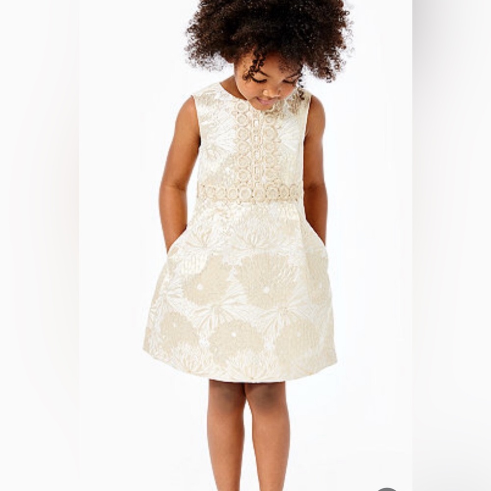 Lilly Pulitzer Girls Mini Clare Dress, Gold Metallic Full Bloom Brocade